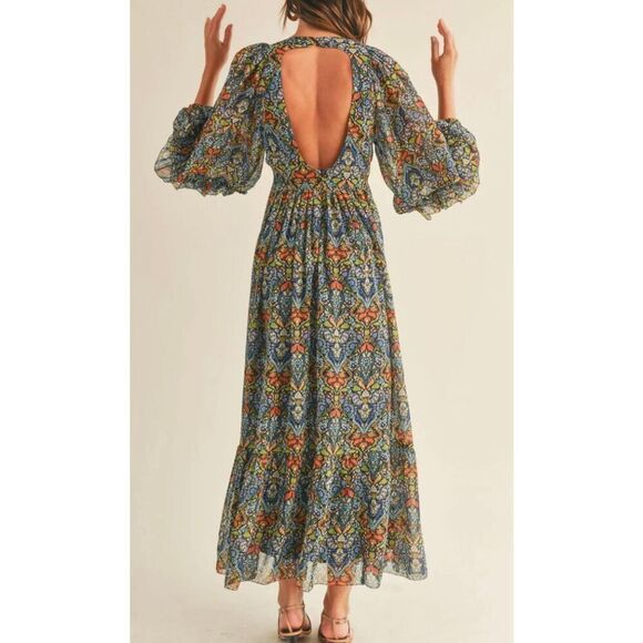 NWT Reset By Jane Esmeralda Bohemian Balloon Sleeve Maxi Open Back Dress Small - Picture 2 of 12